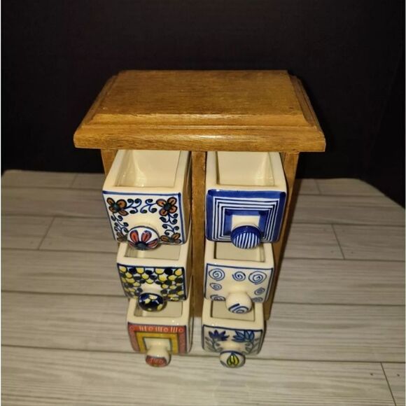 Apothecary 6 Hand Painted Ceramic Drawers Heavy Wooden Cabinet Tea Trinket Box - Picture 4 of 12